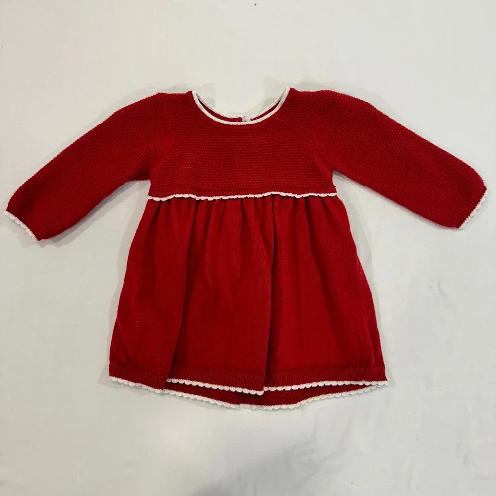 Edgehill Collection Knit Sweater Dress Baby Girl 6M Red Scalloped Trim | Classic